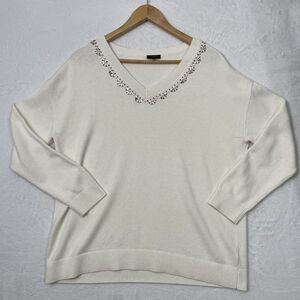 Talbots Beaded Embellished V-Neck Pullover Ivory/White Size Large Petite‎